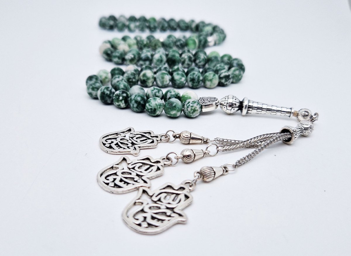 Handgemaakte tesbih "Tasbih" natuursteen "Qinghai hade" - Aantal kralen 99 - Diameter kralen 8MM - met metaal tassel "Maryams handpalm" - Een mooi cadeau-idee