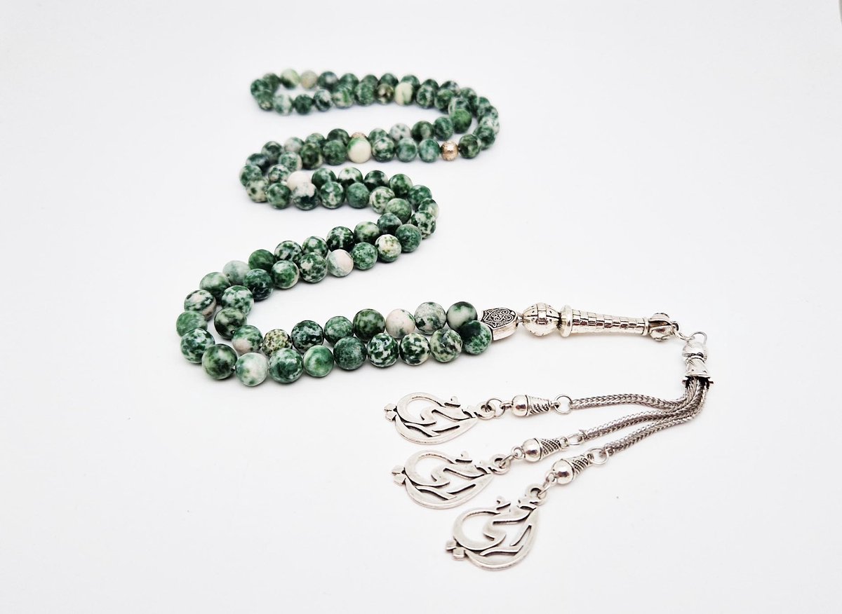 Handgemaakte tesbih "Tasbih" natuursteen "Qinghai hade" - Aantal kralen 99 - Diameter kralen 8MM - met metaal tassel "Mijn moeder" - Een mooi cadeau-idee