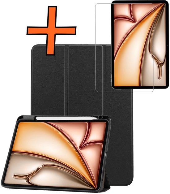 Étui pour iPad Air 2025 (13 pouces) Étui pour tablette à trois volets Étui avec découpe pour Apple Pencil Avec protection d'écran - Étui pour iPad Air M3 (13 pouces) Étui à Hardcover - Zwart