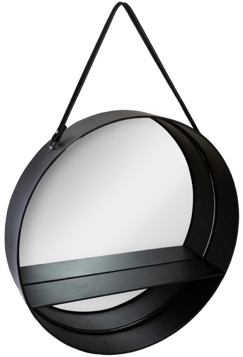 Spiegel Rond Zwart 55 cm - Spiegel met Plankje Ø55cm - Spiegel met Schap Zwart - Spiegel Hal / Woonkamer / Slaapkamer / Toilet / Badkamer - Muurdecoratie Modern