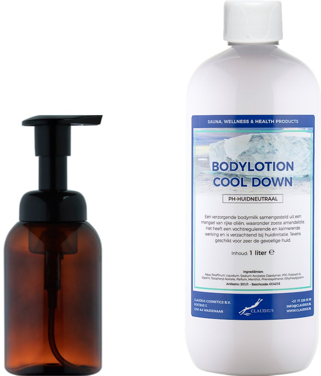 Zeepdispenser 300 ml amber bruin hervulbaar + 1 Liter Bodylotion Cool Down navulling