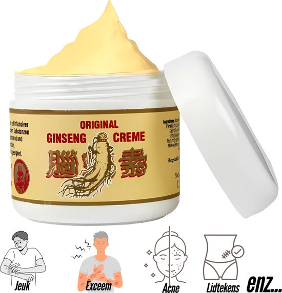 Pot met Original Ginseng Creme, geel van kleur. Op het etiket staat een ginsengwortel afgebeeld.