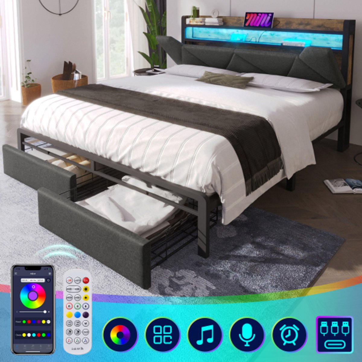 Gestoffeerd bed Bubble bed, USB-oplaadfunctie en hoofdeinde opbergruimte, tweepersoonsbed met opbergruimte, gestoffeerd bed met led-lichtstrip, zonder matras, grijs, 140 x 200 cm