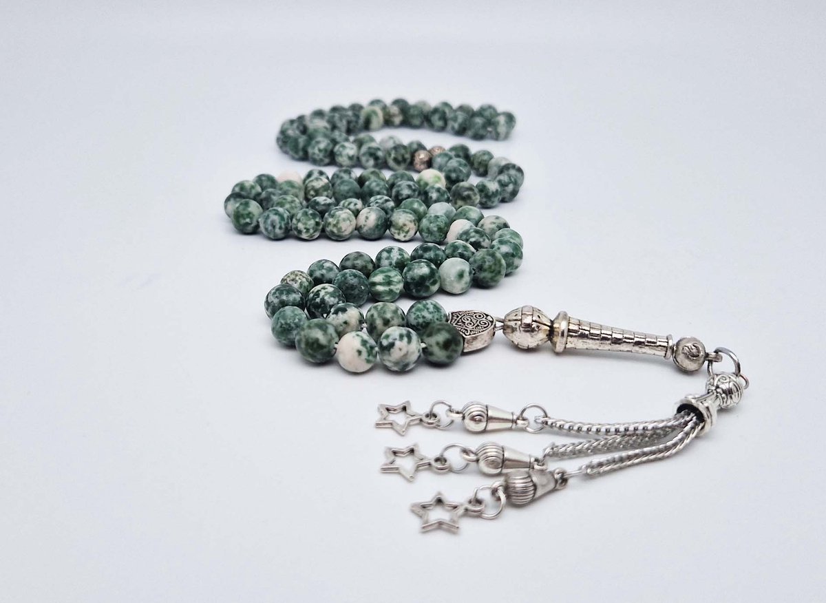Handgemaakte tesbih "Tasbih" natuursteen "Qinghai hade" - Aantal kralen 99 - Diameter kralen 8MM - met metaal tassel "Kleine sterren" - Een mooi cadeau-idee