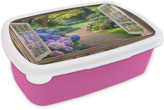 Broodtrommel Roze - Lunchbox Doorkijk - Tuin - Raam - Hortensia - Bloemen - Brooddoos 18x12x6 cm - Brood lunch box - Broodtrommels voor kinderen en volwassenen
