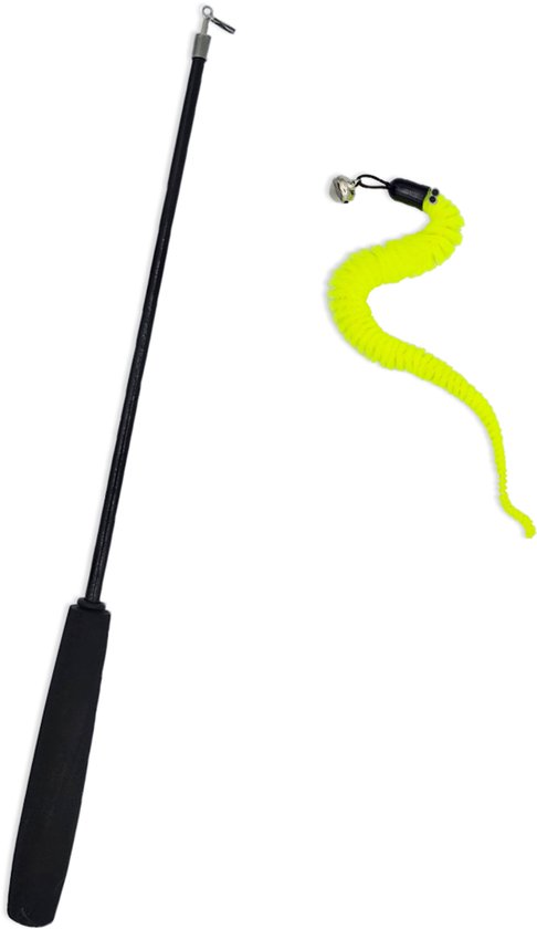 Zwarte hengel met een gele, kronkelende worm als speelgoed. De worm heeft een belletje aan het uiteinde.