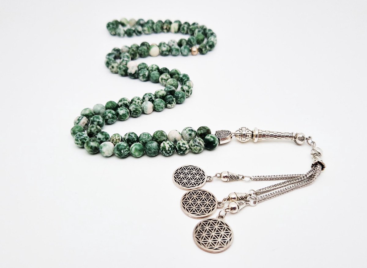 Handgemaakte tesbih "Tasbih" natuursteen "Qinghai hade" - Aantal kralen 99 - Diameter kralen 8MM - met metaal tassel "Harmonie" - Een mooi cadeau-idee