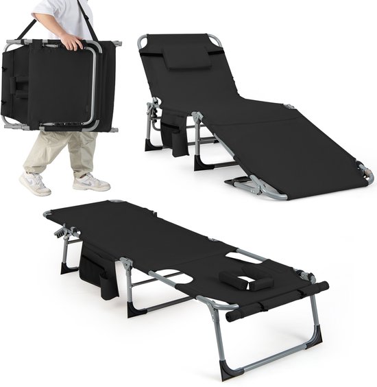 COSTWAY Zonneligstoel met gezichtsopening, opvouwbare ligstoel met verstelbare rugleuning en voetensteun, afneembaar kussen, zijzak, ligstoel voor strand, tuin, balkon, zwart