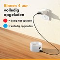 Luminize draadloze wandlamp, wit, wordt opgeladen via USB. Rode stip = bezig met opladen, blauwe stip = volledig opgeladen. Binnen 4 uur volledig opgeladen.