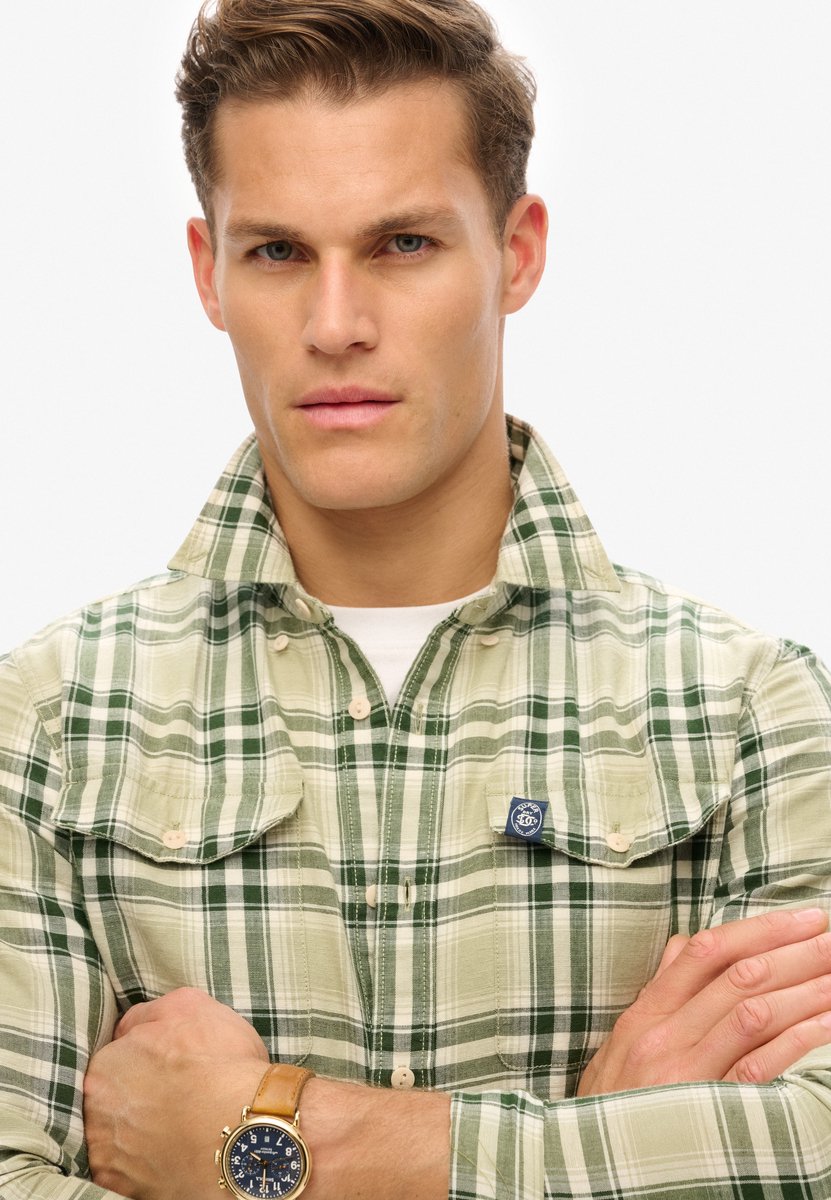 Superdry The Merchant Store Geruit linnen overhemd Heren Lange mouwen shirts Groen