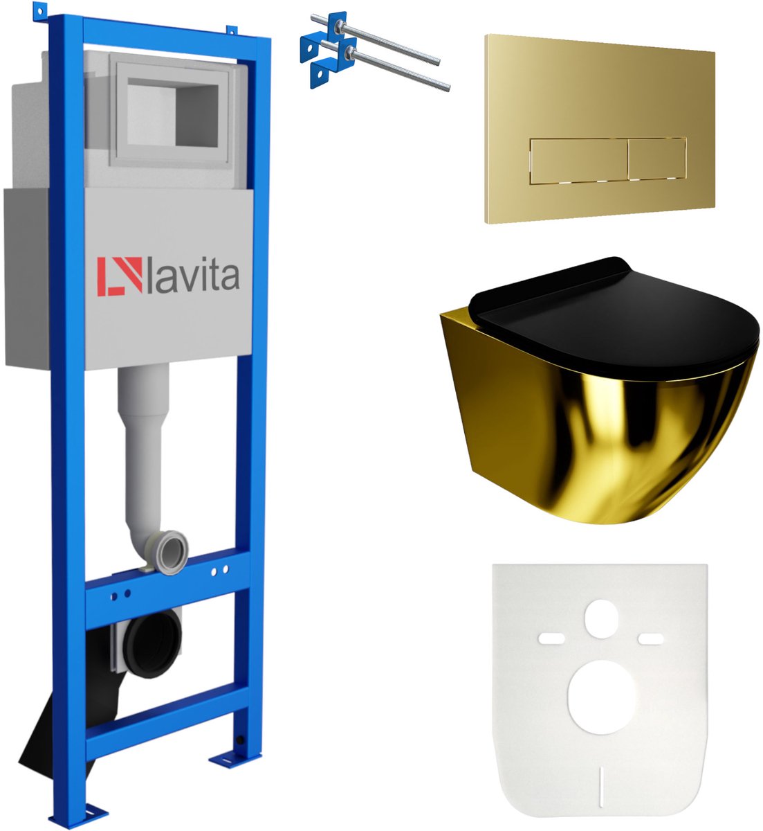 LAVITA LAV 101 Inbouwreservoir 40cm - SOFI SLIM GOLD BLACK Rimless Wandcloset - Gouden Drukplaat - Set