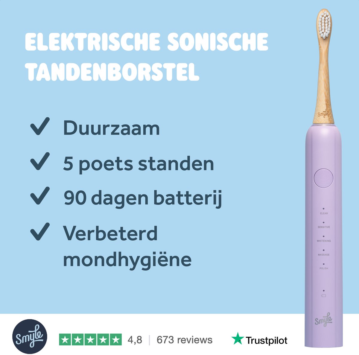 Afbeelding 2 van Smyle Sonische Elektrische Tandenborstel met Lange Batterijduur en Druksensor - Duurzaam en Effectief Poetsen - Paars