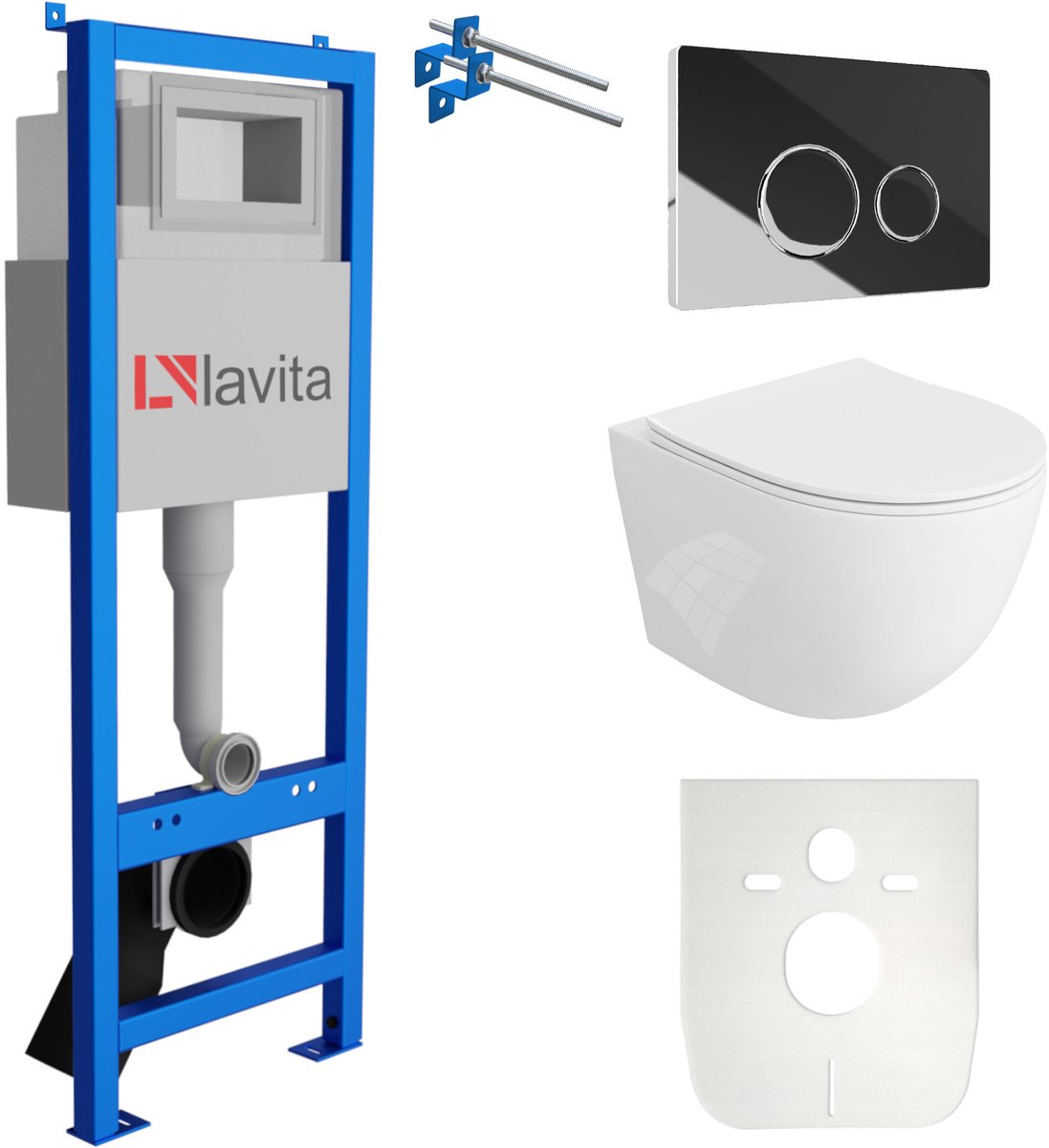 LAVITA® Inbouwreservoir Complete Toiletset LAV 101 - Inbouw WC Hangtoilet Wandcloset SINTO Wit Hoogglans - Bedieningsplaat 200.4.2 Chroom - Voorwandelement voor toilet 40cm - Installatiesysteem