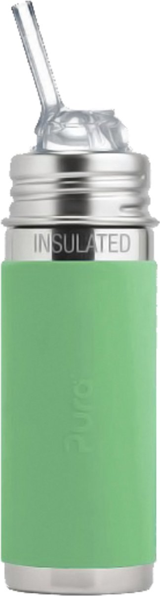 Pura Thermos Rietjesfles Free-Flow 260ml - Thermoskan - Thermosfles - Plasticvrij - Met Isolatiewand - Op 2 Manieren te Gebruiken - Medische Kwaliteit Siliconen - Inclusief Siliconen Rietje Free-Flow, Reisdop, Sleeve en Borsteltje - Moss Sleeve