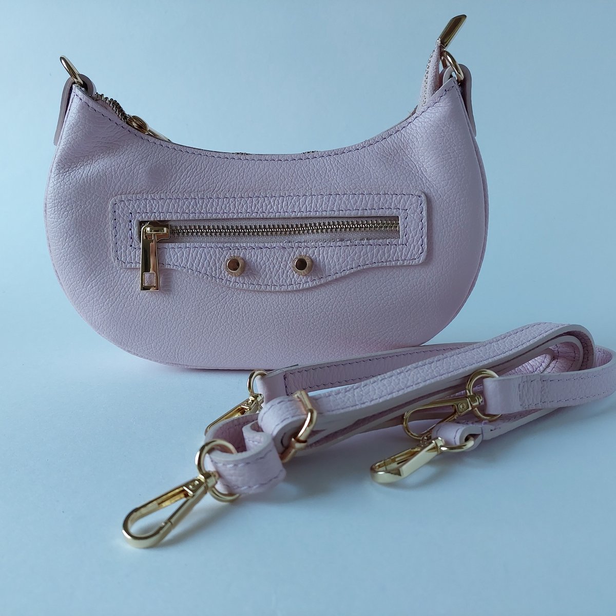 roze pastel crossbody - extra voordelig - echt leer - handgemaakt - Italië - los hengsel - messing details - uitverkoop - top kwaliteit