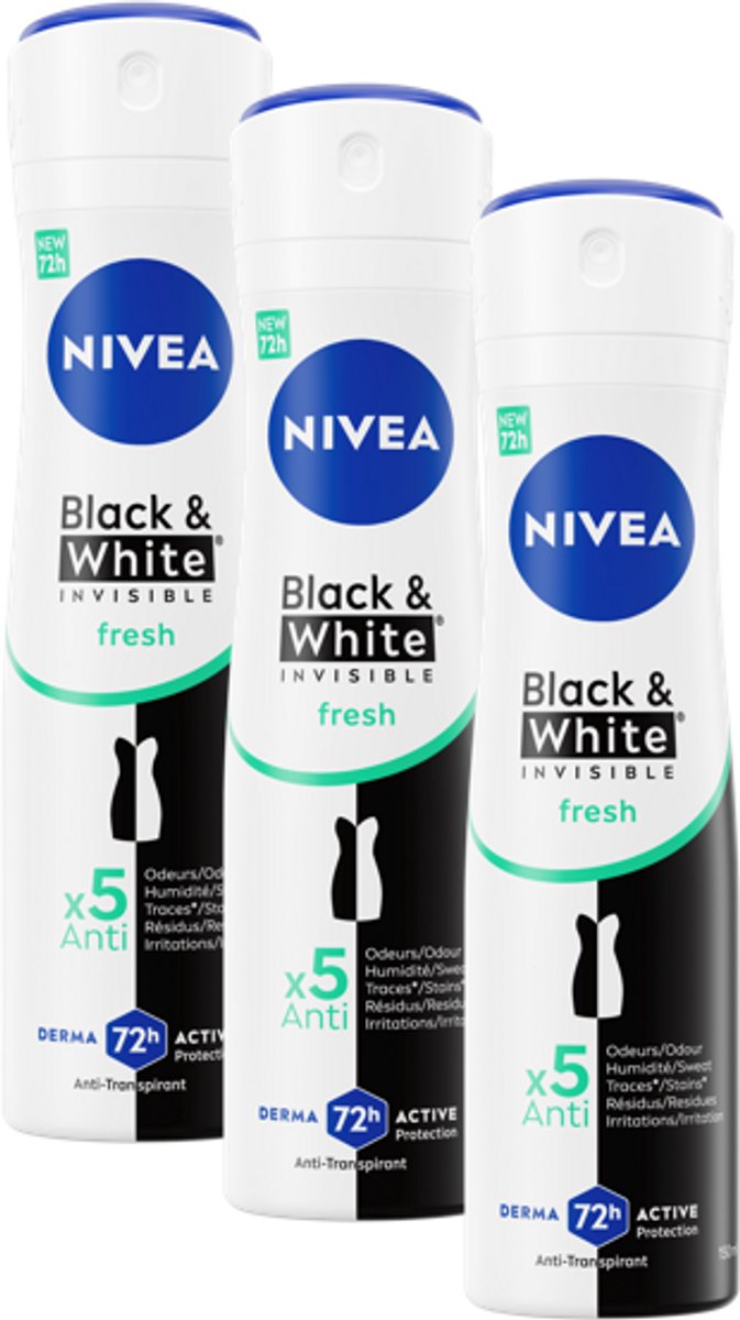 Goedkoopste NIVEA Invisible For Black & White Fresh Deodorant Spray - 3 x 150 ml - Voordeelverpakking