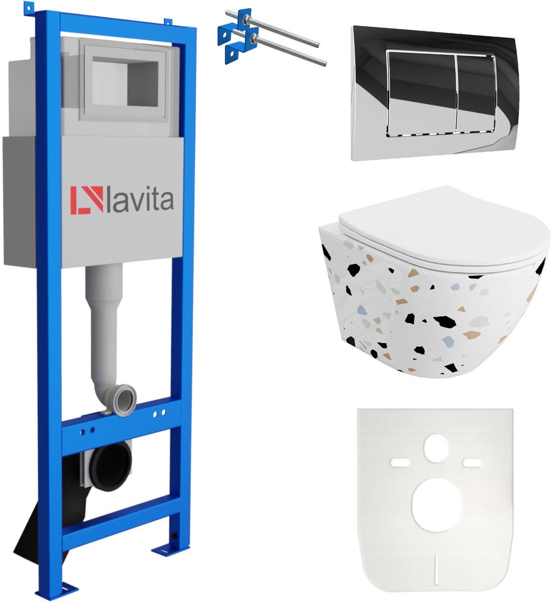 LAVITA® Inbouwreservoir Complete Toiletset LAV 101 - Inbouw WC Hangtoilet Wandcloset SOFI SLIM STONE - Bedieningsplaat 200.1.2 Chroom - Voorwandelement voor toilet 40cm - Installatiesysteem