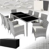 tectake® Aluminium wicker Tuinmeubelset - 8 Stoelen met Tafel met Glazen Blad - Inclusief 2 Hoezensets en Beschermhoes - Weerbestendig Balkonmeubilair - Lichtgrijs