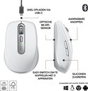 Gedetailleerd overzicht van de witte Logitech MX Anywhere 3S muis met markeringen.