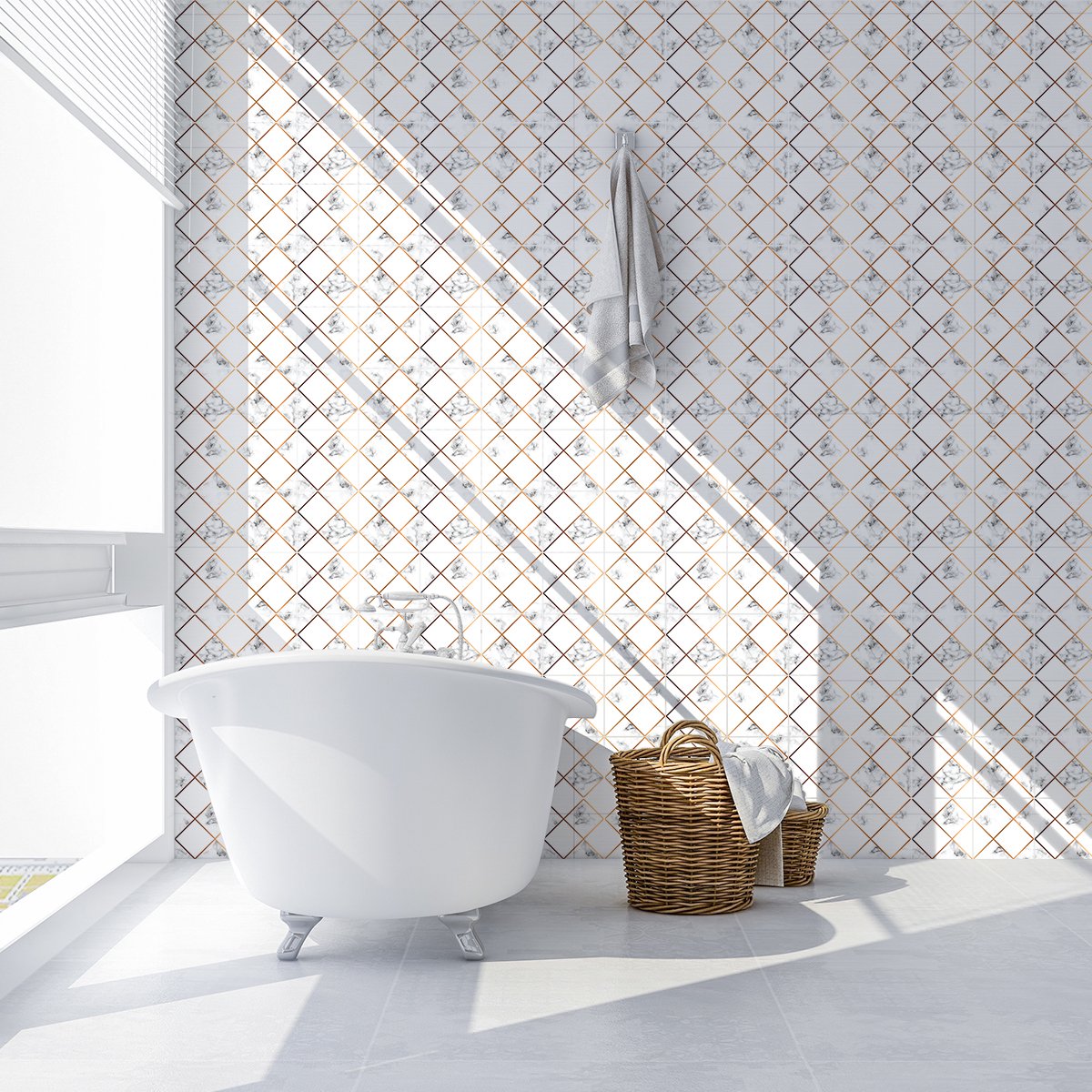 Ambiance Sticker Zelfklevende muurtegelstickers voor keuken en badkamer - 60 cementtegelstickers met marmerlook en gouden diamantpatroon - 60 stickers, 20x20cm Multi color