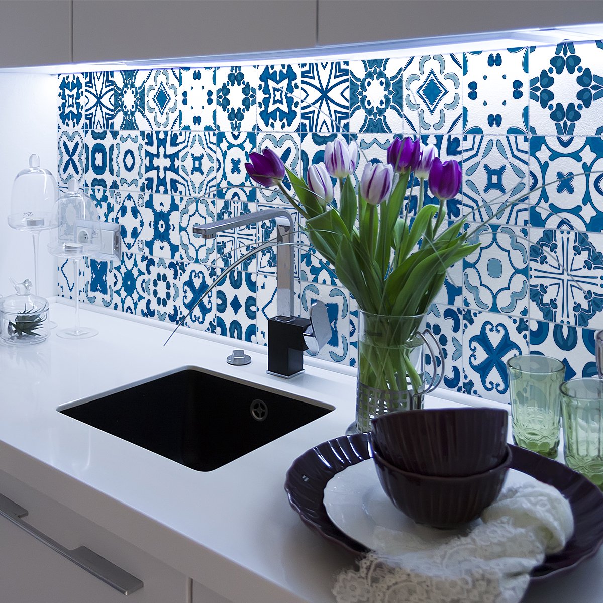 Ambiance Sticker Zelfklevende tegelmuurstickers voor keuken en badkamer - 9 Jevina Azulejos cementtegelstickers - 9 stickers 15x15cm Multi color