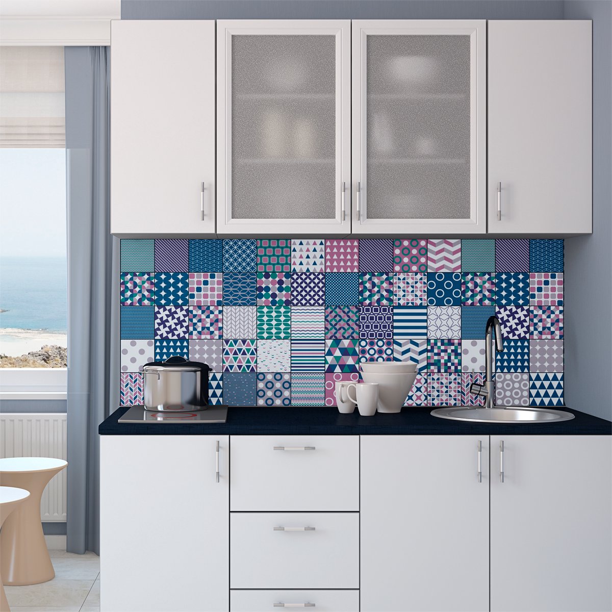 Ambiance Sticker Zelfklevende tegelmuurstickers voor keuken en badkamer - 60 Scandinavische Riga tegelstickers - 60 stickers 15x15cm Multi color