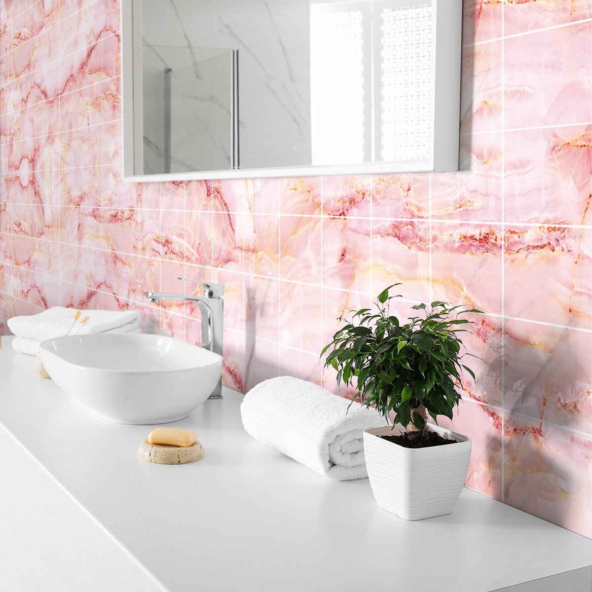 Ambiance Sticker Zelfklevende tegelmuurstickers voor keuken en badkamer - 60 Las Terrenas roze marmeren tegelstickers - 60 stickers 15x15cm Multi color