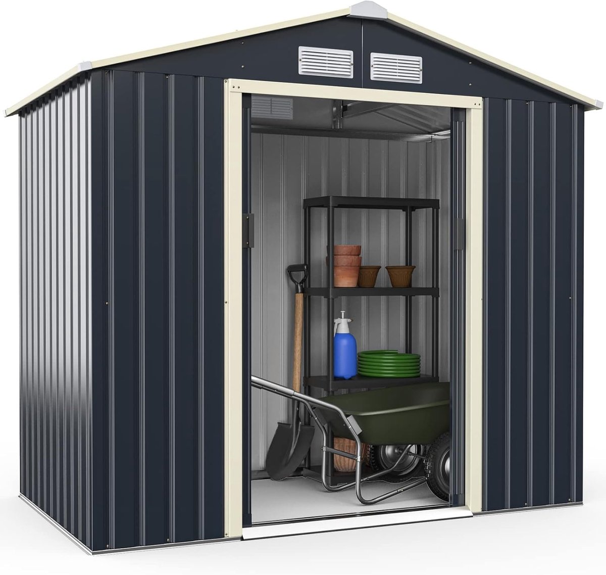 COSTWAY Gereedschapsschuur van metaal, 213 x 127 x 195 cm, afsluitbaar, tuinhuis met 4 ventilatiesleuven en schuifdeur, tuinschuur voor grasmaaiers, fietsen, gereedschap, metalen schuur, voor buiten
