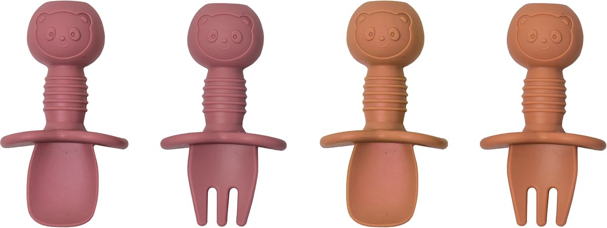 Sproudsy Kinderbestek Teddy Bear - Baby - Baby Bestek - BPA-Vrij - Roze Oranje