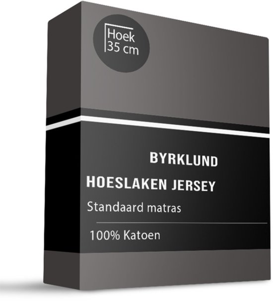 Een donkergrijs jersey hoeslaken op een witte achtergrond. De verpakking toont 'Hoek 35 cm', 'BYRKLUND HOESLAKEN JERSEY', 'Standaard matras' en '100% Katoen'.