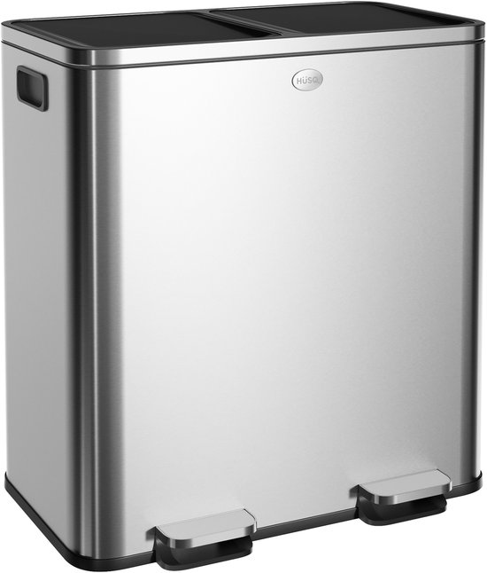 HÜSQ Vuilnisbak van 60 liter (2 x 30), grote Pedaalemmer voor Afvalscheiding, 2 Vakken en Binnenemmers, soft-close Vuilbak, luchtdichte Afvalbak - Duo Prullenbak in RVS - Zilver / Brilliant Steel