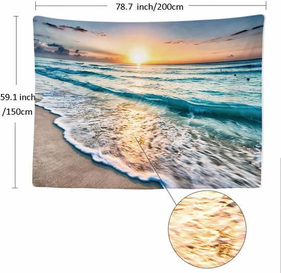 Tapisserie 200x150cm avec coucher de soleil sur la mer. Gros plan de vagues sur une plage de sable.
