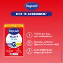 Voorkant verpakking van Dagravit Multi+ Fit 50+ multivitaminen, met instructies voor gebruik.