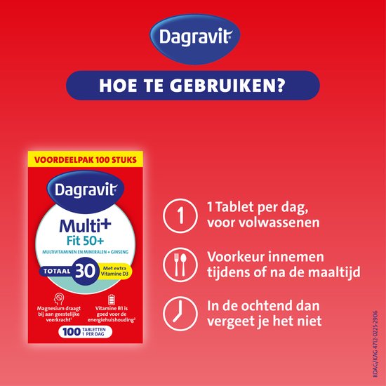 Voorkant verpakking van Dagravit Multi+ Fit 50+ multivitaminen, met instructies voor gebruik.