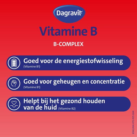 Overzicht van de voordelen van Dagravit Vitamine B B-complex met iconen.