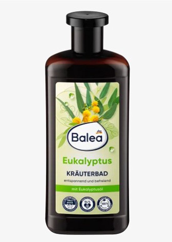 Balea eucalyptus kruidenbad in een bruine fles met een afbeelding van eucalyptusbladeren en gele bloemen.