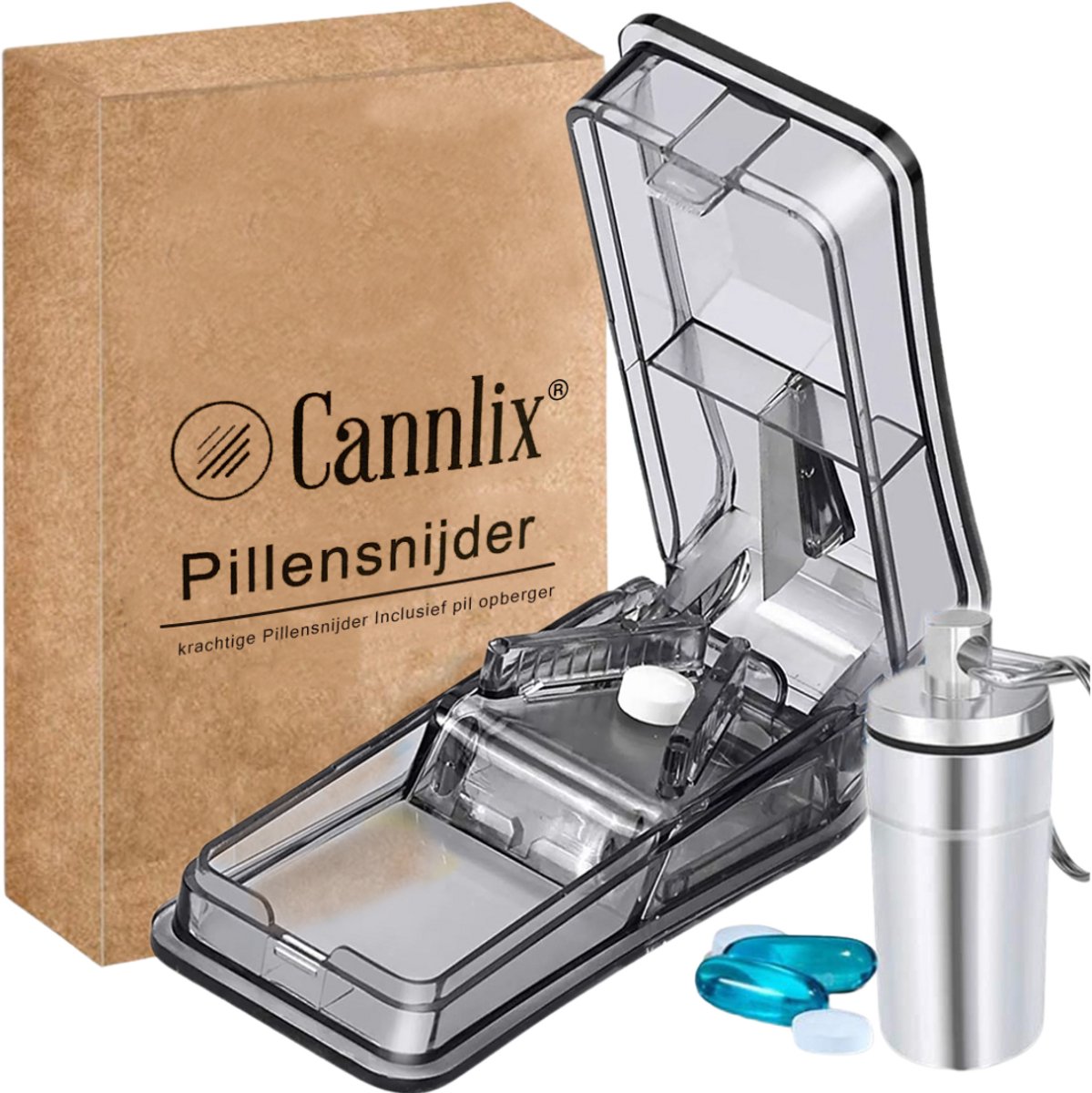 Goedkoopste Cannlix Pillensnijder - Pillendoosje - Pillensplijter - Geschikt voor harde pillen - kleine en grote pillen - Set - Grijs