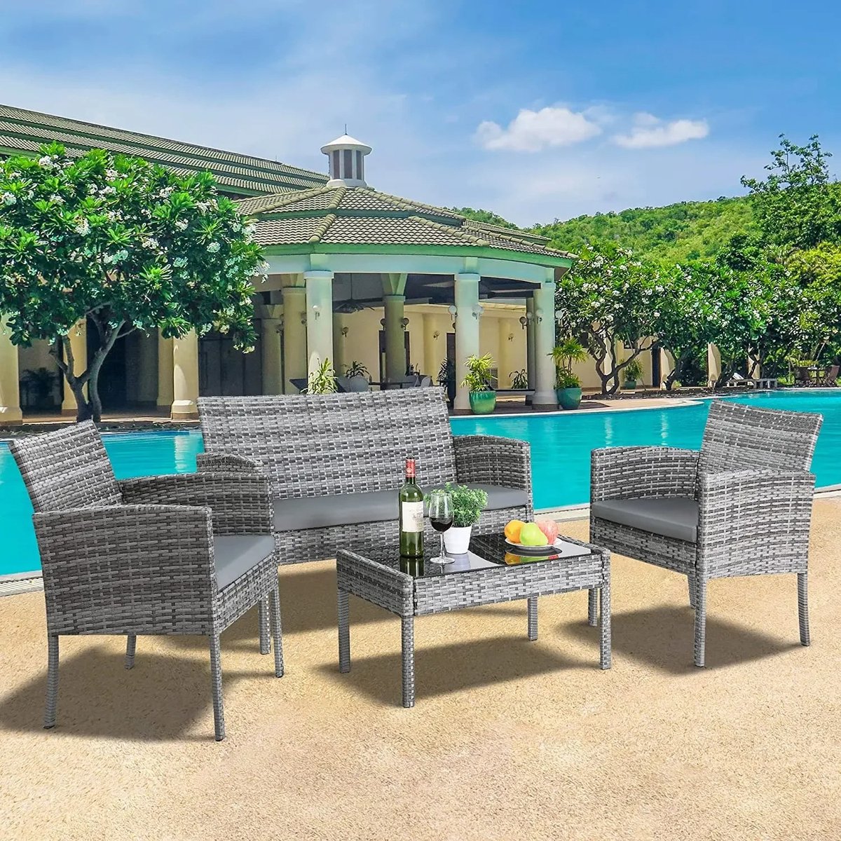 Ensemble De Meubles De Jardin En Rotin 3 Pièces COSTWAY, Meubles De Balcon Avec