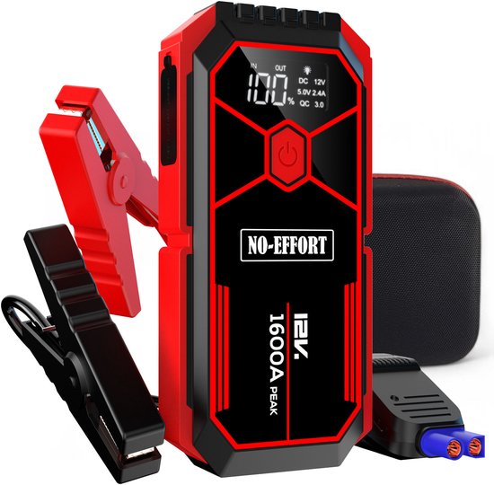 NO-EFFORT 12V Jumpstarter voor Auto – 1600A / 18.000 mAh – Powerbank – Starthulp voor Auto’s met Zaklamp en SOS functie