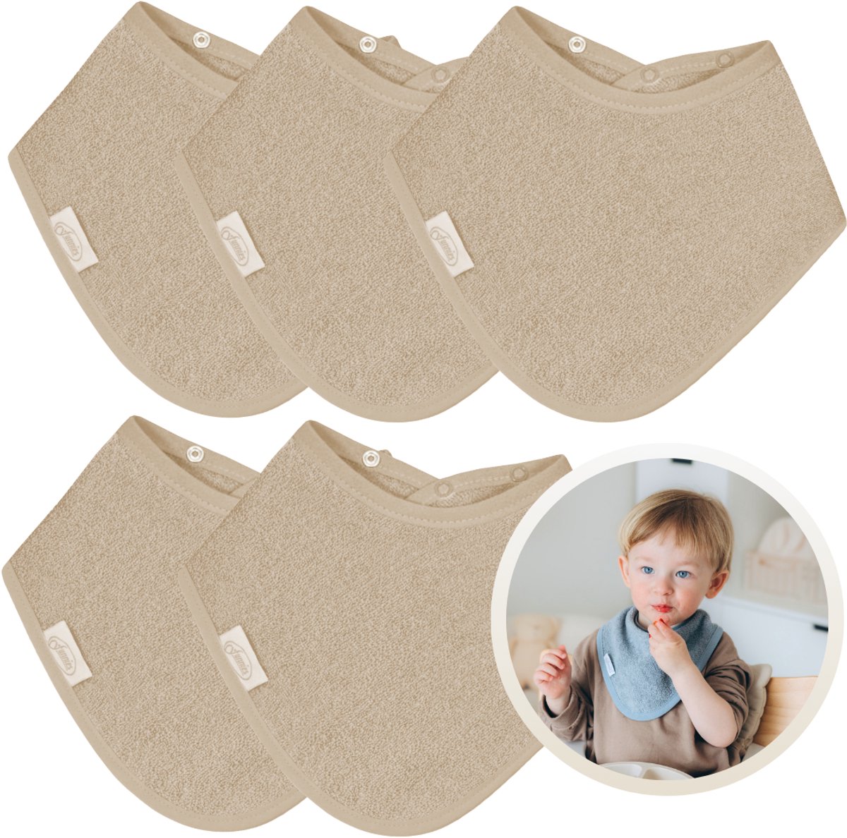 Funnies Bandana Slabbetjes 5 Stuks Sandstone Grey - Set van 5 Zachte Slabbetjes - Kwijldoekjes - Spuugdoekjes - Gemaakt van 100% Katoenen Badstof - Absorberend, Zacht en Makkelijk Wasbaar - Ideaal voor Baby’s bij Voeden, Kwijlen en Spugen