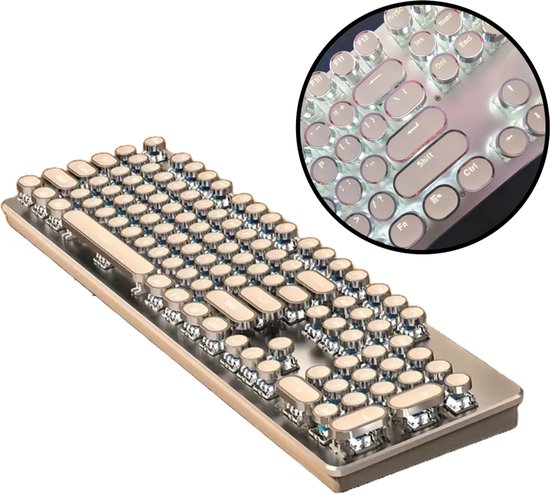 Steampunk Retro Mechanisch Toetsenbord – Wit - Bedraad – 104 Toetsen – RGB Verlichting – Ergonomisch – Metalen Behuizing – Typemachine Stijl – Geschikt voor Gaming & Kantoor – Windows & Mac