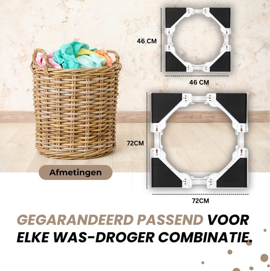 Wasmachine stapelkit, 46x46cm en 72x72cm, met wasmand.