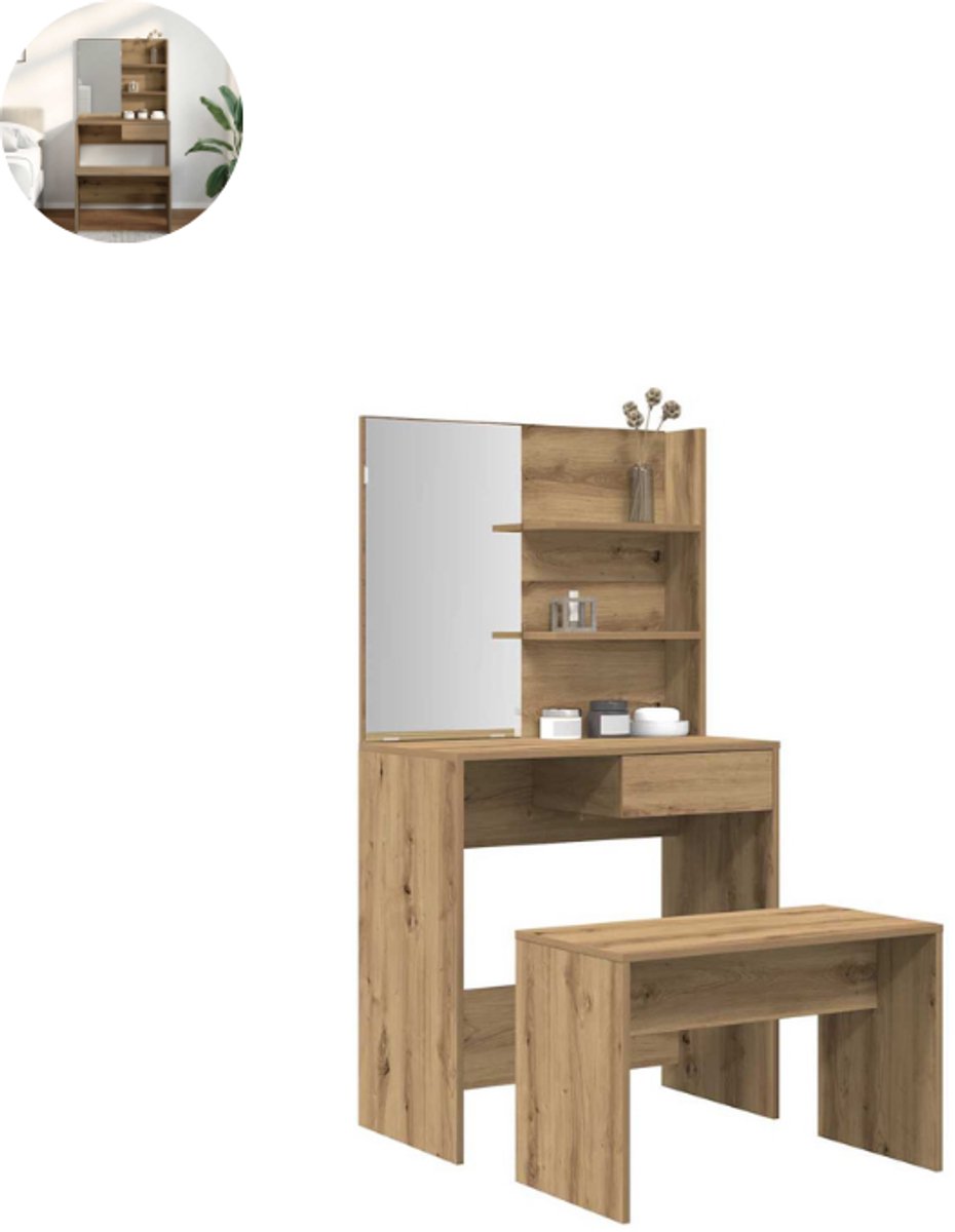 GranMaison Kaptafel met spiegel - Make up tafel - Make up - Toilettafel - Met lades - Artisanaal Eiken Artisan Eiken