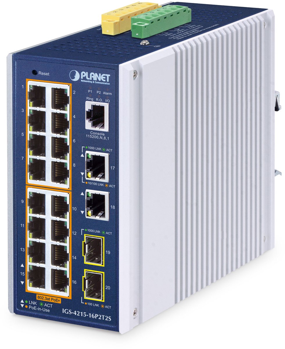 PLANET IP30 Industrial L2/L4 16-Port Managed L2/L4 Gigabit Ethernet (10/100/1000) Power over Ethernet (PoE) Aluminium, Blauw