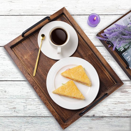 Plogis houten dienblad Vierkant van acacia - 2-delige set 20 x 20 cm Groot/Dekotablett hout rechthoekig/houten plank schaal decoratie vierkant dienblad tafel/decoratieve schaal