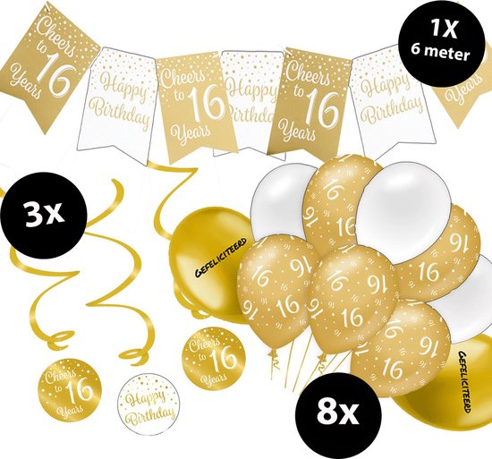 16 Jaar Goud Verjaardag Pakket - Feest Versiering - 8x Ballonnen - 1x 6m Slinger - 3x Swirls - 2x Ballon Gefeliciteerd - Goud & Wit Decoratie - White & Gold