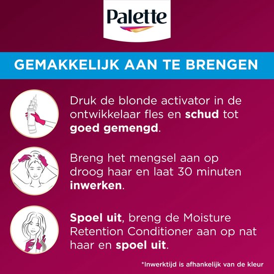Palette logo bovenaan. "GEMAKKELIJK AAN TE BRENGEN". Drie illustraties van het aanbrengen van haarverf. Stap 1: Mengen. Stap 2: Aanbrengen. Stap 3: Uitspoelen.