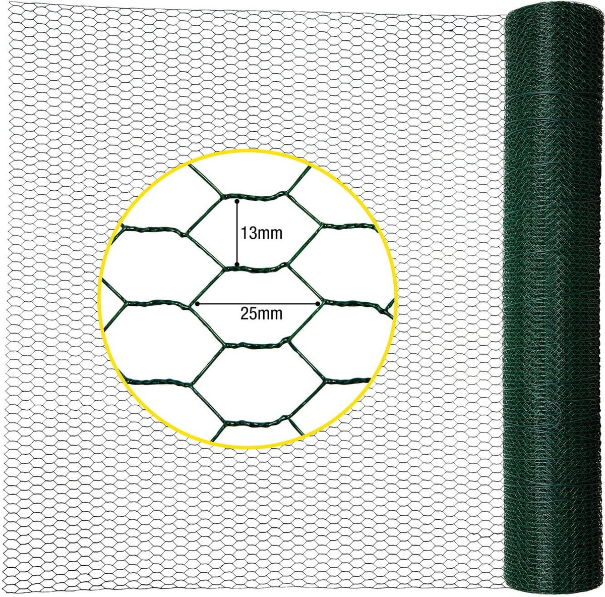 Horizont - Kippengaas - 25m lang - 1m hoog - Verzinkt staal - Maaswijdte 13x25 mm - Groen - Duurzaam en Veelzijdig - Inclusief accessoires