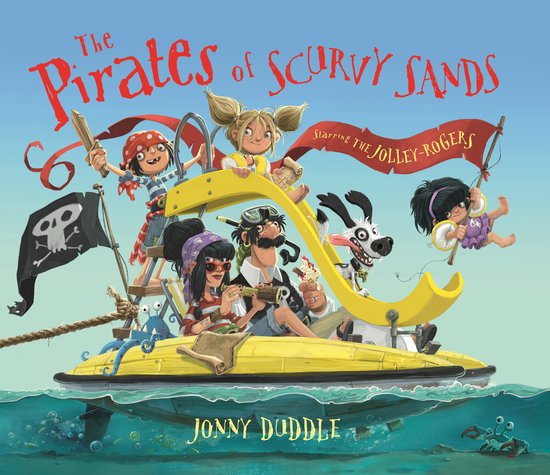 Boekcover 'The Pirates of Scurvy Sands' met piraten en een hond op een gele boot.