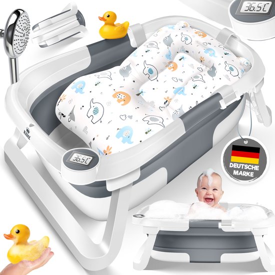 KIDIZ® Babybadje Opvouwbaar met Thermometer | Peuterbadje Ergonomisch, Rutschvrij, Met Zacht Badkussen en Afvoer | Babybad / Baby Bad Set Voor Baby's van 0-12 Maanden | Babybadset - Antraciet